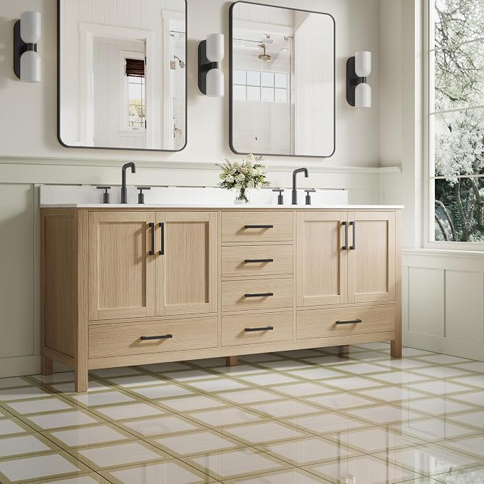 80-Inch Bathroom Vanity with Sink, 4 Soft-Close Doors and 6 Soft-Close Drawers, Bathroom Freestanding Vanity with Cultured Marble Countertop, Oak Vanity with Matte Black Handles