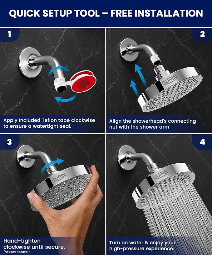 GURIN Shower Head - Premium Polished Chrome Finish - Rain Showerhead 6 Inch | High Pressure Shower Heads with Adjustable Angles, 90 Anti-Clog Nozzles, Tool-Free 1-Min Install