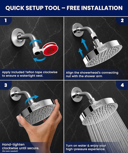 GURIN Shower Head - Premium Polished Chrome Finish - Rain Showerhead 6 Inch | High Pressure Shower Heads with Adjustable Angles, 90 Anti-Clog Nozzles, Tool-Free 1-Min Install