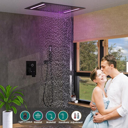 Matte Black LED Spa Shower System Rainfall Waterfall with Handheld | 20x14-Inch Luxury 2 Modes Showerhead with Ligh t Remote Control, 3 Way Mixer Valve