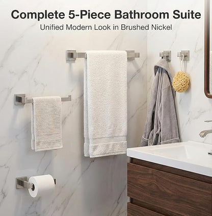 5 Piece Bathroom Hardware Set Brushed Nickel, SUS304 Stainless Steel Towel Bar Set, Modern Square Accessories with 16 Inch Rack Toilet Paper Holder Robe Hooks (Brushed Nickel)