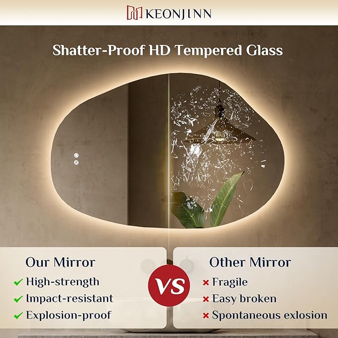 Keonjinn Irregular Backlit Mirror Bathroom, 24 x 36 in Asymmetrical LED Bathroom Mirror with Tempered Glass, UL-Listed LED Driver, Stepless Dimmable with 3 Colors, Defogging(Horizontal/Vertical)