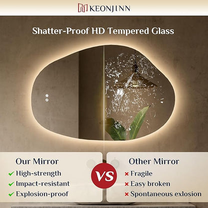 Keonjinn Irregular Backlit Mirror Bathroom, 24 x 36 in Asymmetrical LED Bathroom Mirror with Tempered Glass, UL-Listed LED Driver, Stepless Dimmable with 3 Colors, Defogging(Horizontal/Vertical)