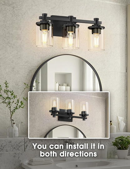 Bathroom Light Fixture, Bathroom Vanity Light Over Mirror, 3-Lights | Vanity Lights for Bathroom, Modern Lighting Fixtures with Clear Glass Shade, Black Vanity Lights, ETL Listed, 17inch