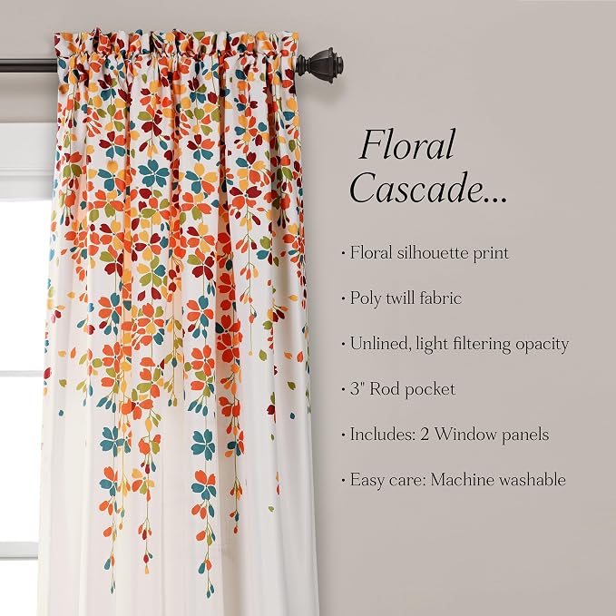 Lush Decor Weeping Flower Light Filtering Window Curtain Panels, Pair, 52"W x 95"L + 2" Header, Turquoise & Tangerine - Charming Modern Floral Curtains for Living Room, Dining Room, & Bedroom