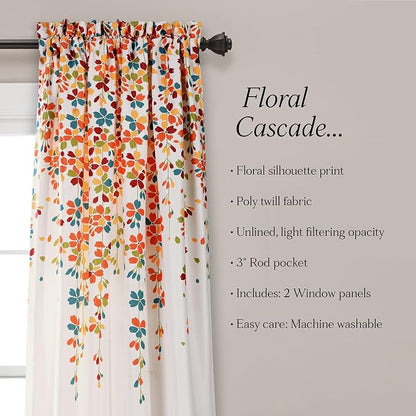 Lush Decor Weeping Flower Light Filtering Window Curtain Panels, Pair, 52"W x 95"L + 2" Header, Turquoise & Tangerine - Charming Modern Floral Curtains for Living Room, Dining Room, & Bedroom