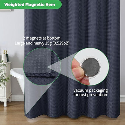 No Hook Waffle Shower Curtain, No Liner Needed, 71x86 Inch, Navy Blue | 100% waterproof TPU-laminated backing, magnetic weighted hem, machine washable, shower curtain set for bathroom or hotel use