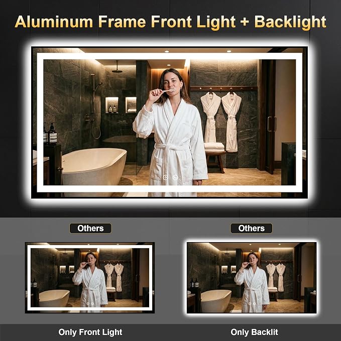 LED Bathroom Mirror with Light, 30x55 Vanity Mirror for Wall with Frame | Anti-Fog, Dimmable 3 Colors, Memory Function, Backlit and Front Lit, Shatter-Proof Glass, Plug-in/Hardwired