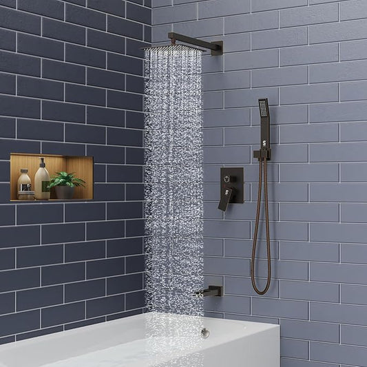 SR SUN RISE 8 Inches All Metal Bathtub Faucet Set Shower System with Tub Spout Square Rain Shower Head and Handheld Combo Shower Fixtues, Modern Valve and Trim Kit, Oil-Rubbed Bronze