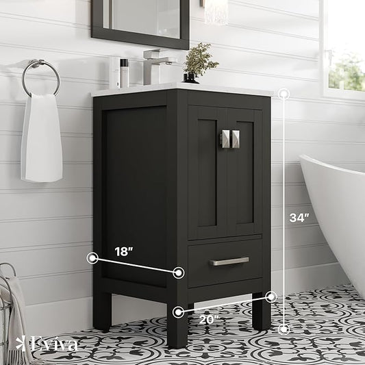 Eviva London 20 Inch Bathroom Vanity with Sink - Freestanding 20 Vanity with Sink Combo - Espresso Bathroom Vanities W/Porcelain Sink and Quartz Countertop for Modern Vanity Bathroom