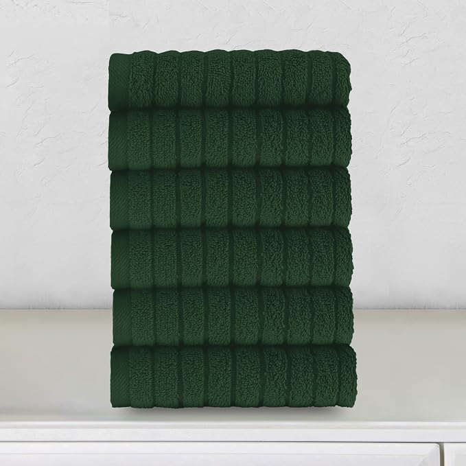 Elegant Comfort 100% Turkish Cotton Corduroy Ribbed Luxury Washcloths 6 Pack Soft 13 x 13 Inch - Higly Absorbent, Durable, Quick Dry, Spa Premium Hotel Quality for Bathroom or Travel, Hunter Green