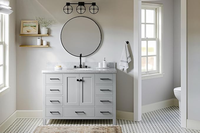 ARIEL Cambridge 48-inch Bathroom Vanity with Sink,Solid Wood, 1.5-inch Italian Carrara Marble Countertop & Backsplash, Single Oval Porcelain Sink, 2 Soft Closing Doors, 9 Dovetail Drawers, Grey