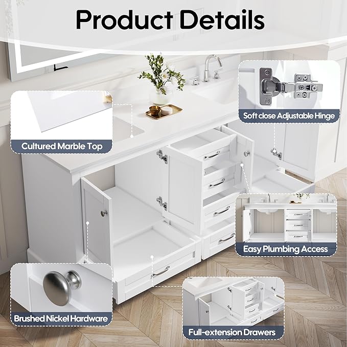 WELLFOR 72 Inch Bathroom Vanity with Double Sinks, Solid Wood Bathroom Vanity W/4 Soft-Close Doors and 6 Drawers, Cultured Marble Countertop Bathroom Vanities W/Two Sinks (White)