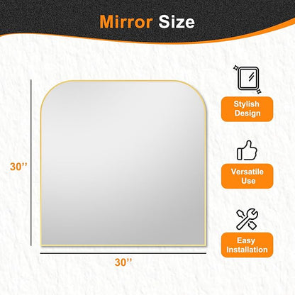 30"x30" Gold Metal Framed Bathroom Mirror for Over Sink | Rounded rectangle shape. Shatterproof HD glass, all mounting hardware for bathroom, bedroom, entryway.