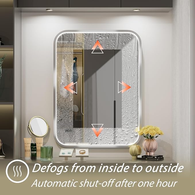 24"x32" Silver LED Bathroom Mirror,Adjust 3000K/4500K/6000K Light | Stepless Dimmable, Anti-Fog, Memory Funtion, Aluminum Frame Wall Mount Lighted Vanity Mirror, ETL Cert‌, Horizontal/Vertical