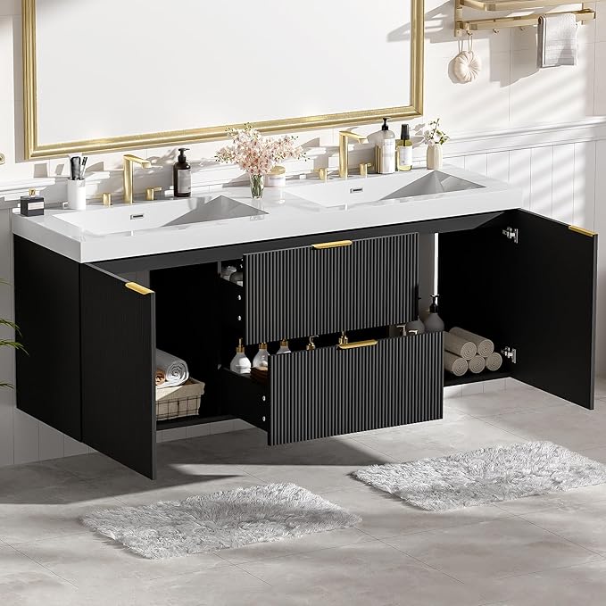60" Bathroom Vanity with Sink Combo, Floating Double Sink Bathroom Vanity with SMC Resin Top, MDF Cabinet with Solid Wood Frame, Wall-Mounted Bath Room Vanities for Large Bathrooms(Black)