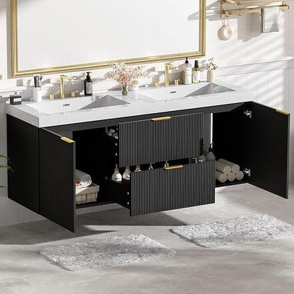 60" Bathroom Vanity with Sink Combo, Floating Double Sink Bathroom Vanity with SMC Resin Top, MDF Cabinet with Solid Wood Frame, Wall-Mounted Bath Room Vanities for Large Bathrooms(Black)