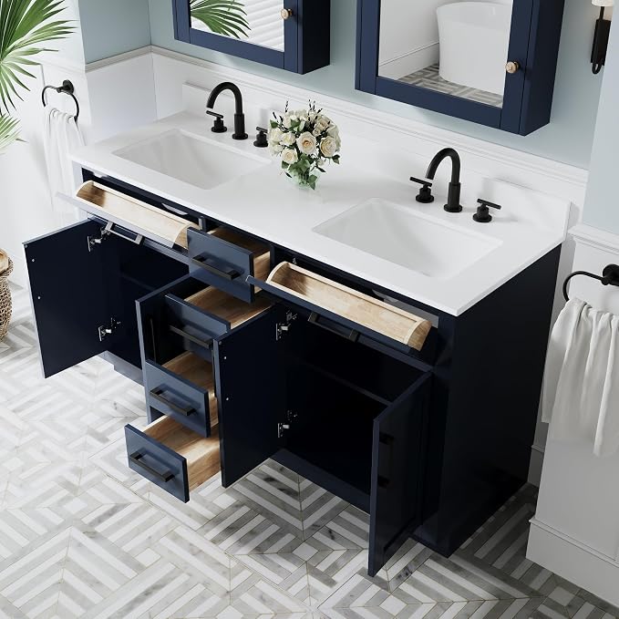 60-Inch Bathroom Vanity with Double Sinks W/ 4 Doors & 4 Drawers & 2 Flip Drawers, Navy Blue Vanity W/Matte Black Handles
