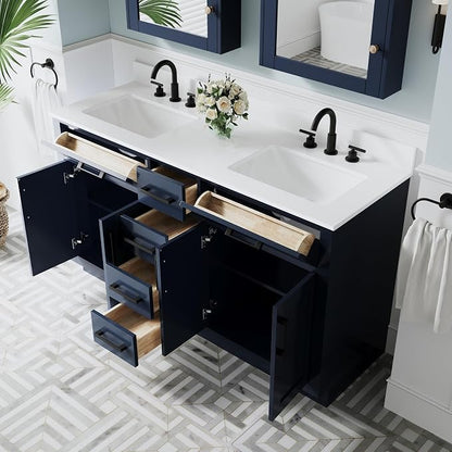 60-Inch Bathroom Vanity with Double Sinks W/ 4 Doors & 4 Drawers & 2 Flip Drawers, Navy Blue Vanity W/Matte Black Handles