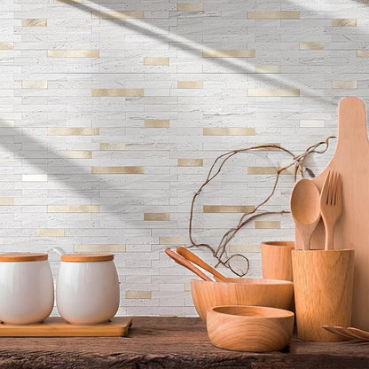 StyloVue 20 Sheets Peel and Stick Backsplash for Kitchen, Pearl White Sandstone with Metal Gold Look Stick on Tile Upgrade Your Kitchen Backsplash, RV, Fireplace