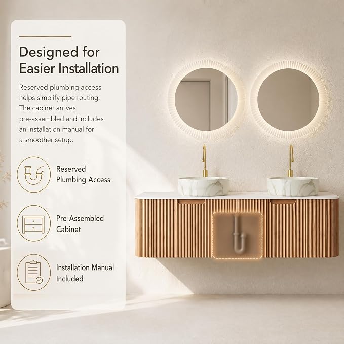 60 Inch Double Sink Bathroom Vanity, Floating Wall Mounted Cabinet, Natural Woodgrain Curved Fluted Front, Stone Top, Dual Marble-Look Round Vessel Basins, Pre-Assembled