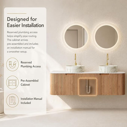 60 Inch Double Sink Bathroom Vanity, Floating Wall Mounted Cabinet, Natural Woodgrain Curved Fluted Front, Stone Top, Dual Marble-Look Round Vessel Basins, Pre-Assembled