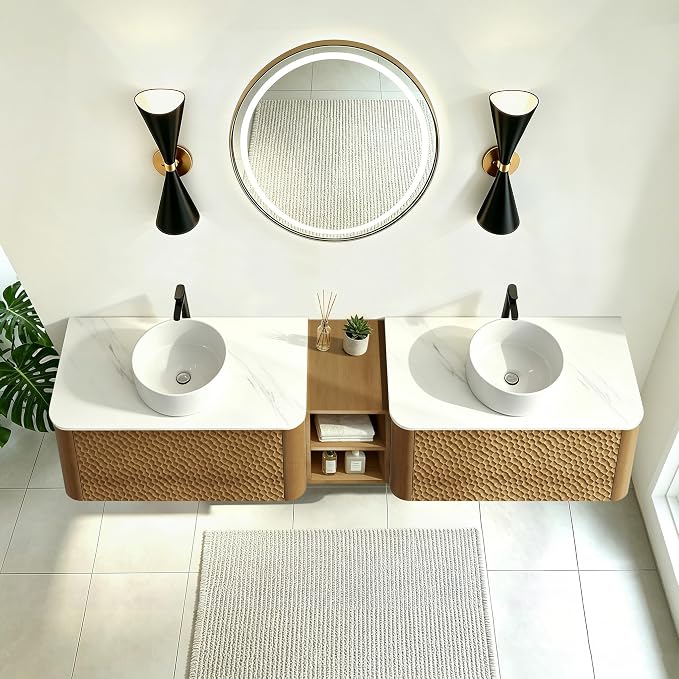 84 Inch Double Vanity with Sink Set, Floating Bathroom Sink Cabinet with Sintered Stone Top&Solid Wood Hammered Frame, Double Bathroom Vanities w/Soft-Close Drawers&1 Side Open Cube
