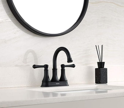 Matte Black Bathroom Sink Faucet for 3 Holes with Pop-up Drain | High Arc Modern 2 Handle 4 Inch Bathroom Faucet, Vanity Lavatory Faucet with 360° Swivel Stainless Steel Spout, TAF067Y-MB
