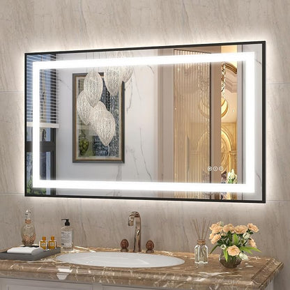 OKPAL LED Bathroom Mirror with Black Metal Frame, 40x24 Lighted Mirrors for Bathroom Wall, Front and Backlit Lighted Bathroom Mirror, Dimmable, Anti-Fog, ETL Listed, Horizontal/Vertical