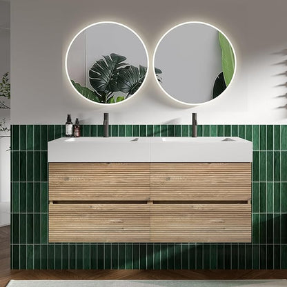 48" Floating Bathroom Vanity with Sink Combo, Modern Floating Double Sink Bathroom Vanity with Solid Surface Tops & 4 Soft-Closing Drawers, Large Storage for Powder Room, Apartment, Rough Oak