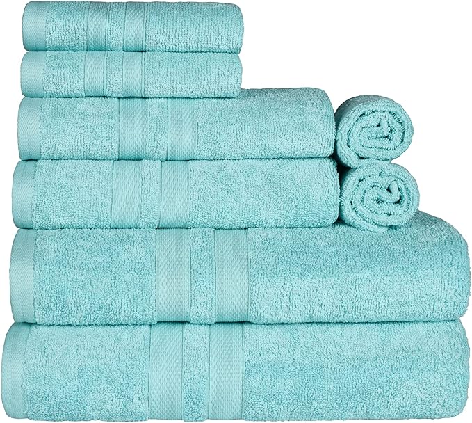 Superior Ultra-Soft 8-Piece Cotton Towel Set, Includes 2 Bath Towels, 2 Hand Towels, and 4 Washcloths, Daily Use Towels for Home, Bathroom, Guest Bath Room, Essential Quick Dry - Cyan