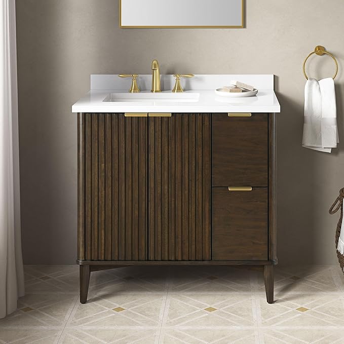 OVE Decors Indy 36 in. Undermount Single Sink Bathroom Vanity with White Engineered Marble Top, Dark Walnut