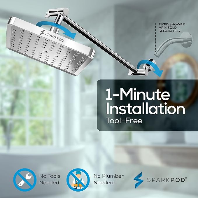 SparkPod 8" Square Rain Shower Head with 16" Shower Arm | Shower Head & Extension Arm Combo, Height Adjustable, High Pressure Performance, Easy 1-Minute Installation, Polished Chrome