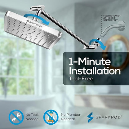 SparkPod 8" Square Rain Shower Head with 16" Shower Arm | Shower Head & Extension Arm Combo, Height Adjustable, High Pressure Performance, Easy 1-Minute Installation, Polished Chrome