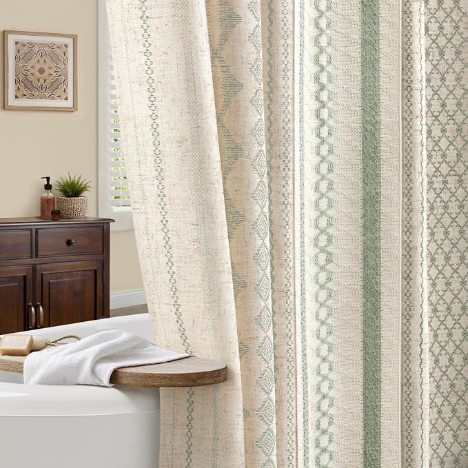 Sage Green Boho Linen Shower Curtain,72" W x 84" L | Linen Striped Print and Twine-Inspired Woven Center for Bathroom