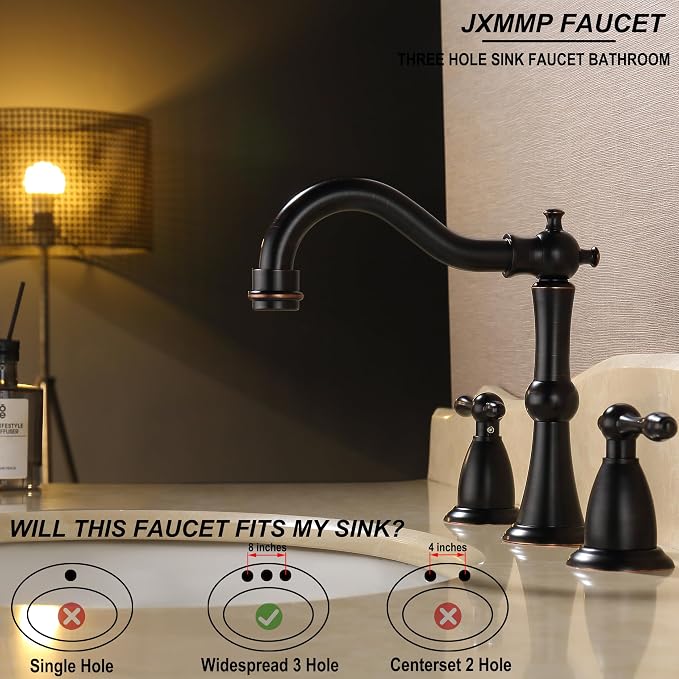 Oil Rubbed Bronze Antique Bathroom Faucet 3 Hole, Widespread 8in Bathroom Sink Faucet with Pop Up Drain and cUPC Supply Hose, Modern 2 Handle Three Hole Bathroom Faucet Bronze JXM3073ORB