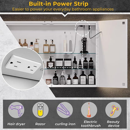 Hasuit Lighted Medicine Cabinet with Mirror, Wall Mounted Bathroom Mirror with Storage, 2 Doors Bathroom Wall Cabinet with LED Lights, 35.4'' x 23.6''