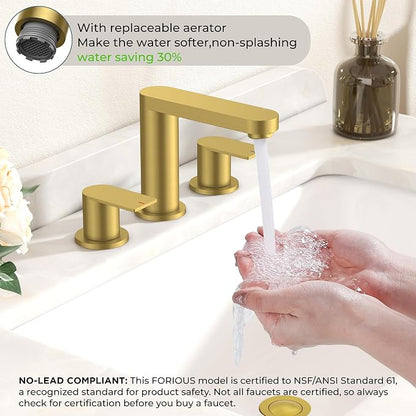 FORIOUS Bathroom Faucet 3 Hole 8 Inch Widespread for Vanity Brushed Gold | Two Handles Bathroom Sink Faucet with Pop-up Drain and cUPC Lines, Fits 6-12 Inch 3 Hole Install, for RV Laundry and Basin
