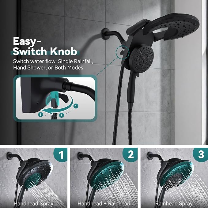 Foldable Rainfall Shower Head 9 Spray Settings/Modes Handheld Showerheads | High Pressure Shower Heads with Handheld Spray Combo, Built-in Magnetic Docking, Power Jets, Stainless Steel Shower Hose