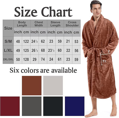 Inner Wish Mens Plush Fleece Robe, Cozy Warm Bathrobe Fuzzy Male Spa Long Robe With Pockets (DARK GREY)