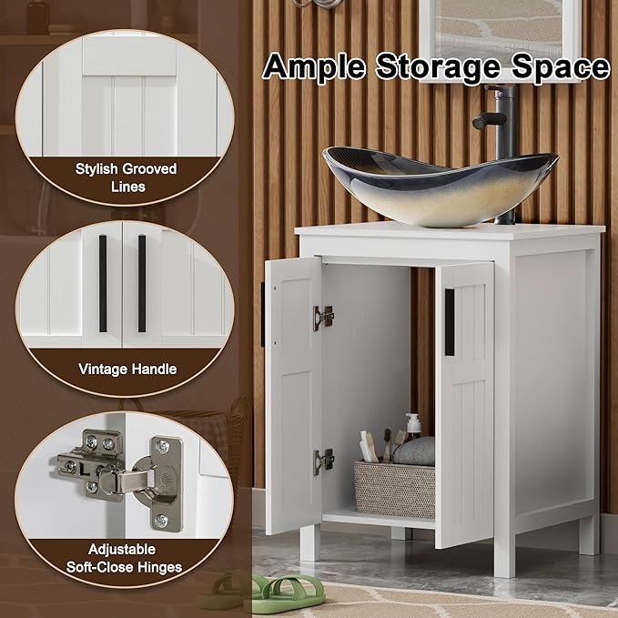 UEV White 24" Bathroom Vanity with Sink,Modern Freestanding Sink Cabinet,Stylish Bathroom Vanity Cabinet,Grooved Double Doors,Metal Handles,Modern Champagne Boat Tempered Glass Vessel Sink(029CH)