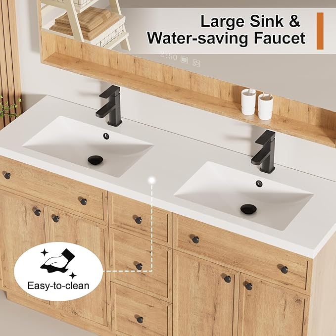 LUCKWIND 60" Bathroom Vanity Sink Combo, Modern Bathroom Cabinet with Double Undermount Solid Surface Vanity Sink, Soft-Close Hinges & Water-Saving Faucet, Natural