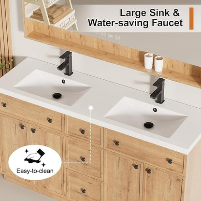 LUCKWIND 60" Bathroom Vanity Sink Combo, Modern Bathroom Cabinet with Double Undermount Solid Surface Vanity Sink, Soft-Close Hinges & Water-Saving Faucet, Natural