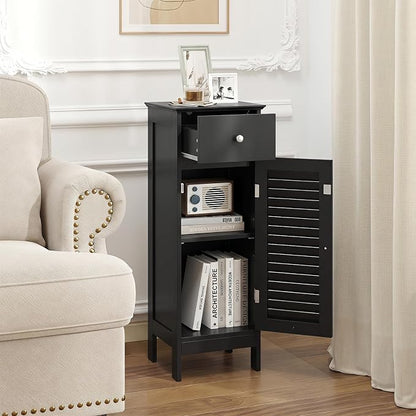 GIANTEX Bathroom Floor Storage Cabinet with Door and Drawer, Black | Freestanding Side Cabinet with 3-Height Adjustable Shelf, Slim Cupboard, Storage Organizer Cabinet for Bedroom Living Room