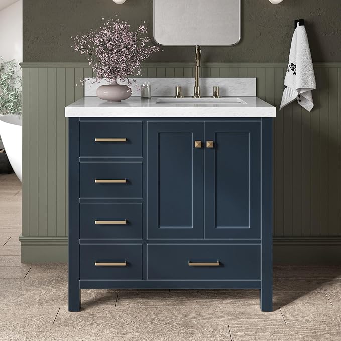 ARIEL Cambridge 36-inch Bathroom Vanity with Sink,Solid Wood, 1.5-inch Italian Carrara Marble Countertop, Single Rectangular Porcelain Sink, 2 Soft Closing Doors, 5 Dovetail Drawers, Midnight Blue
