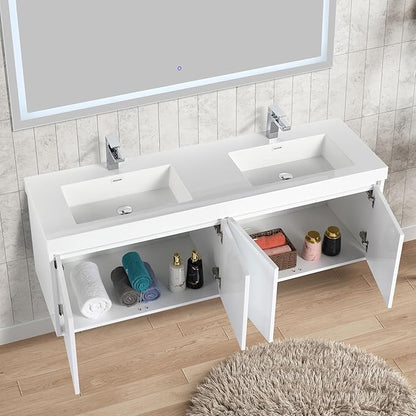 Blossom 60 Inch Wall Mounted Bathroom Vanity with Sink | Floating Wood Vanity Cabinet | Modern Soft-Close Doors & Storage | Space-Saving Design (Glossy White, 60'' Acrylic Double Sink)
