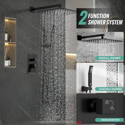 SR SUN RISE Matte Black Square Rainfall Shower Head and Handle Set, Wall Mounted Shower Fixtures, Metal Shower Faucet Trim Repair Kits (With Shower Valve) 16 Inches