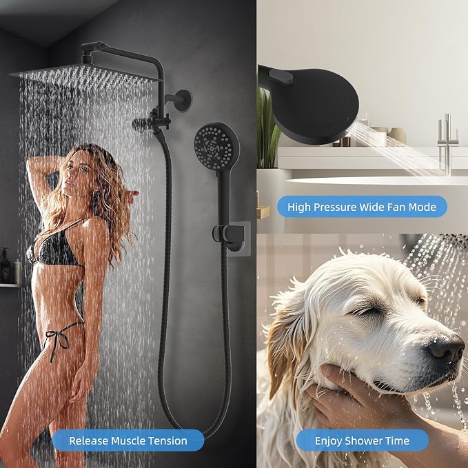 8" Metal Rainfall Shower Head with 10-Mode Handheld, Matte Black | NSF/ANSI/CAN 372 Certified, High Pressure Showerhead Combo with 11" Adjustable Shower Arm, 71" Hose, Shower Head Holder
