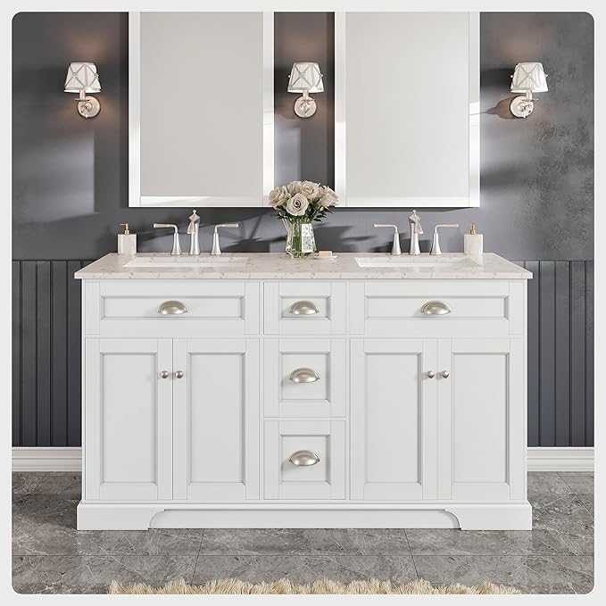 Eviva White 60 inch Bathroom Vanity with Sink - Porcelain Round-Bathroom Vanity Double Sink-Solid Wood 60" Vanity Bathroom Sink-Marble Top Double Vanity Sink Cabinet
