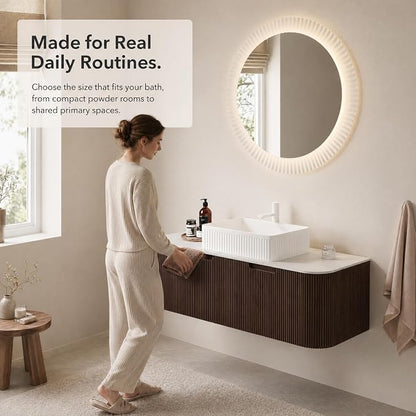 48 Inch Bathroom Vanity with Sink, Floating Wall Mounted Single Sink Vanity, Dark Walnut Curved Fluted Front, Stone Top, White Textured Rectangular Vessel Basin, Pre-Assembled